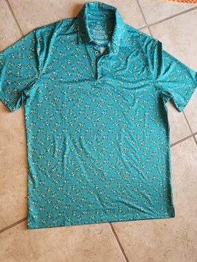Men's Lot Of 2 Polo Shirts with Golf Cart Print & Orange Geometic Pattern Sz M